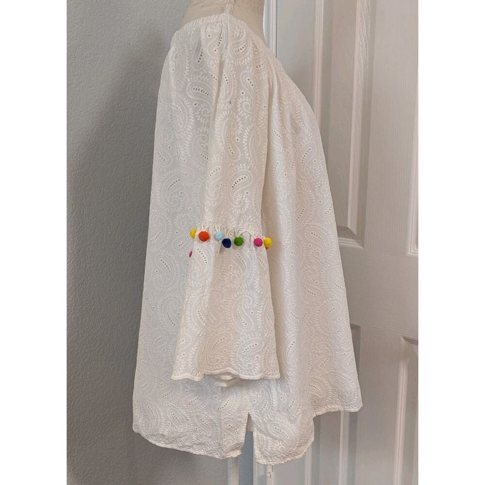 Ali Miles Plus Sz 2X White Eyelet Pom Pom Trim Elastic Neck 3/4 Bell Sleeve Top - Picture 3 of 8
